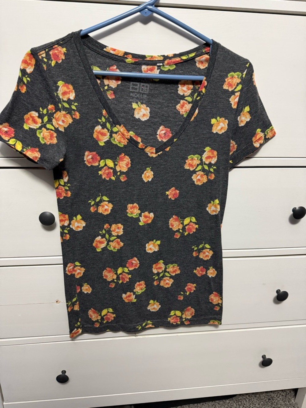 Floral V-Neck Women's Top - Charcoal with Orange Floral Print